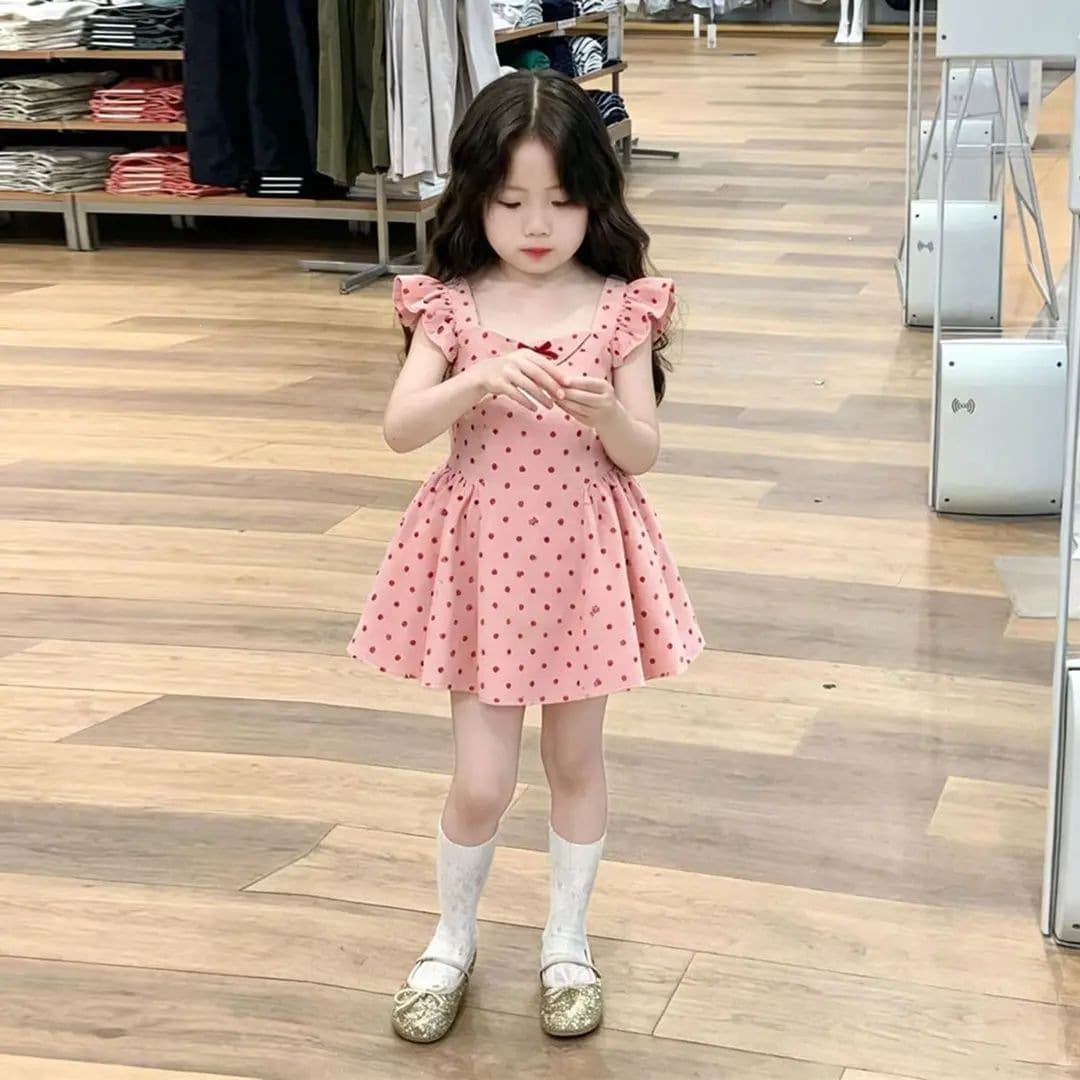 Girls summer sweet dress 2026 new pink polka dot small flying sleeve vest dress little girl waist skirt
