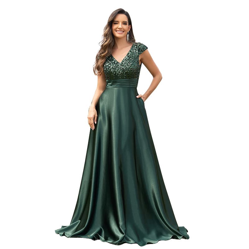 New European and American Sequin V-Neck Evening Gown Women's Banquet Elegant Satin A-Line Long Dress Party Dress