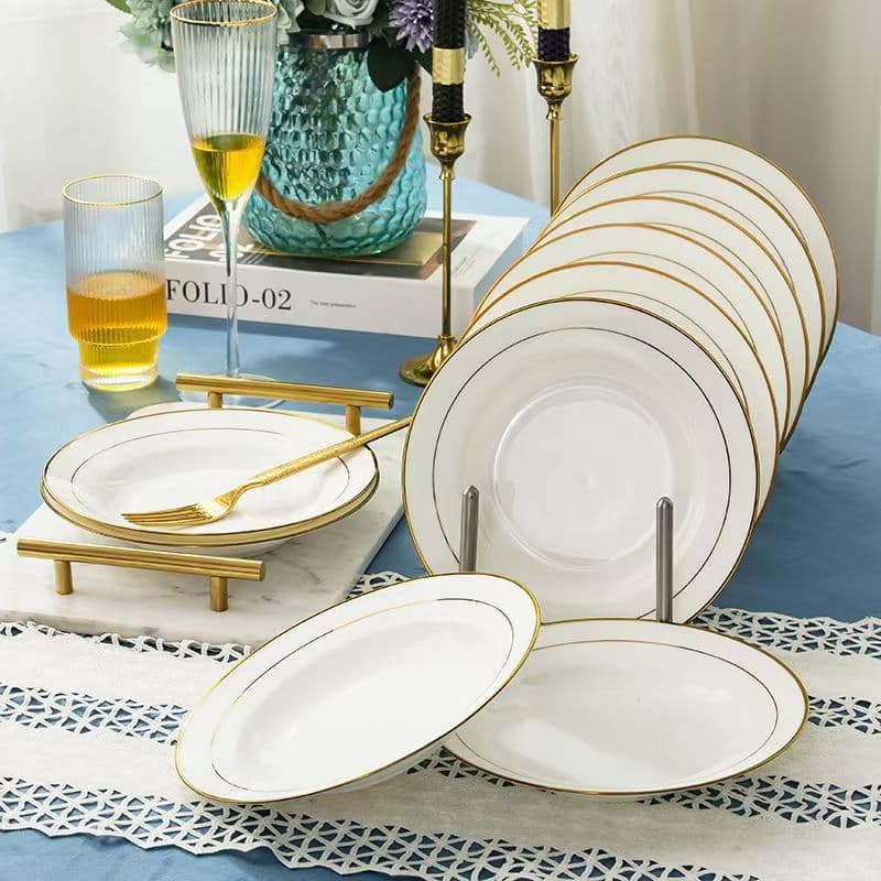 Jingdezhen Ceramic Tableware Gold Rim Plate Hotel Restaurant Dish Household Bone China Western Food Plate Fruit Plate Serving Plate