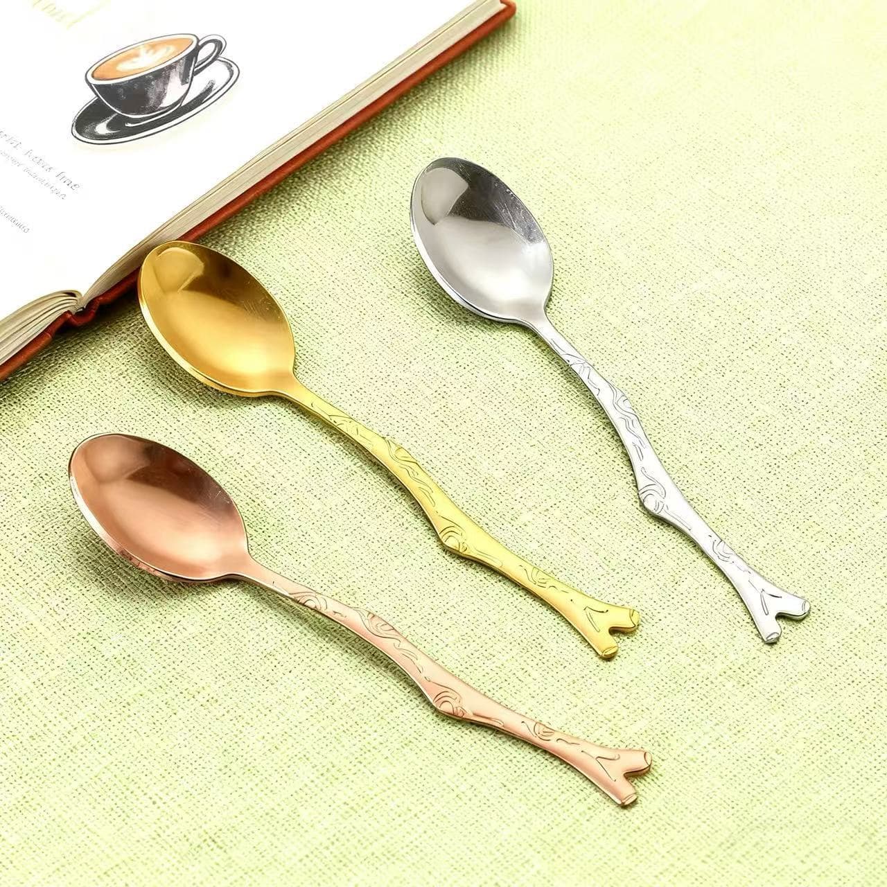 Branch spoon, fruit fork, stainless steel creative wood grain moon cake knife and fork, cross-border coffee stirring spoon, dessert spoon and fork