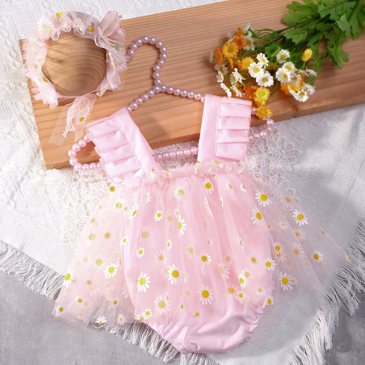 Cross-border New Girl Korean Daisy Tutu Dress Mesh Strap Romper Bodysuit 100 Days Photo Lace Princess Dress