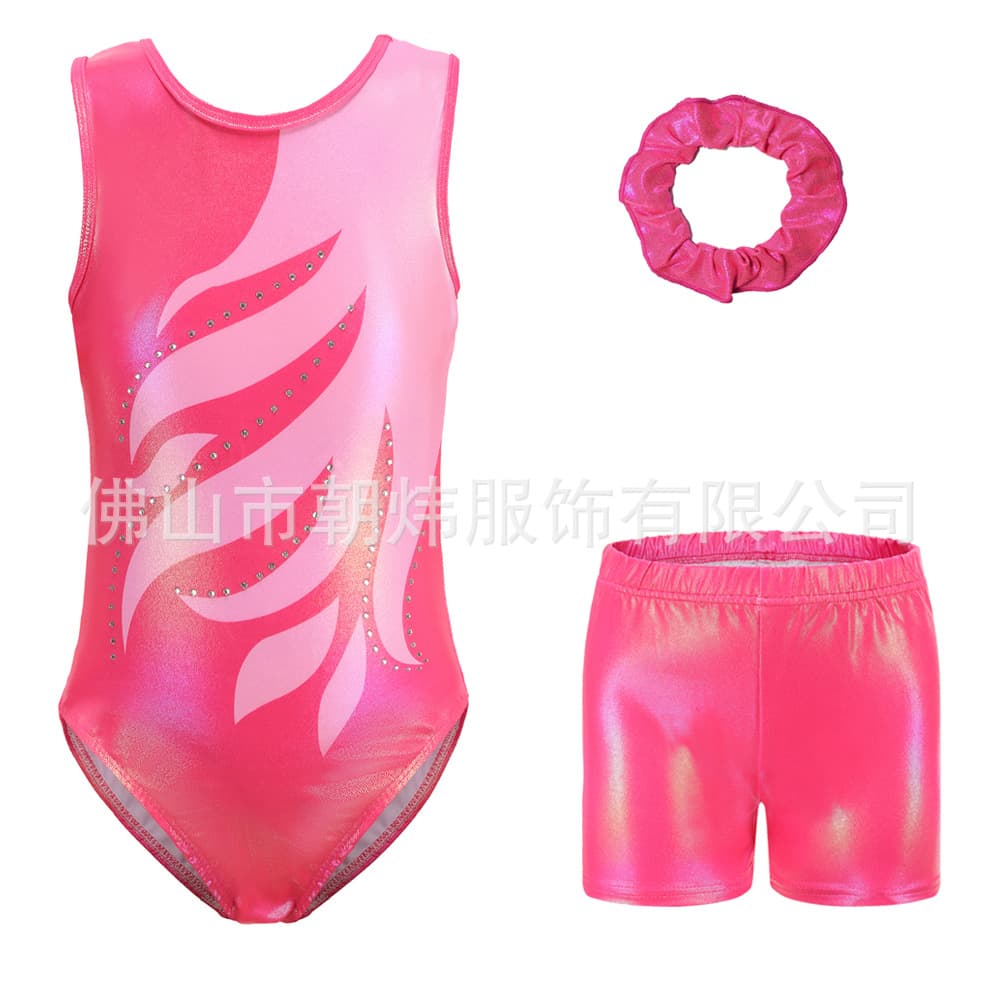 Cross-Border Children's Gymnastics Leotard Dance Performance Bodysuit Rhinestone Girls Practice Suit Shorts Headband Set