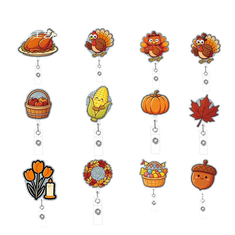 Thanksgiving Glitter Retractable Badge Reel with Turkey Pumpkin Maple Leaf Clip, Nurse Work ID Card Holder, Retractable Lanyard Gift