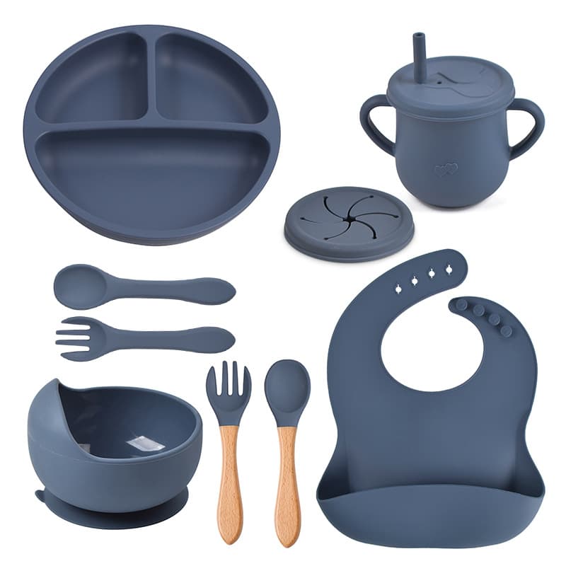 8-piece Baby Dining Utensil Set Silicone Bowl Round Smiley Face Plate Divided Plate Spoon Fork Cup Set For Infants