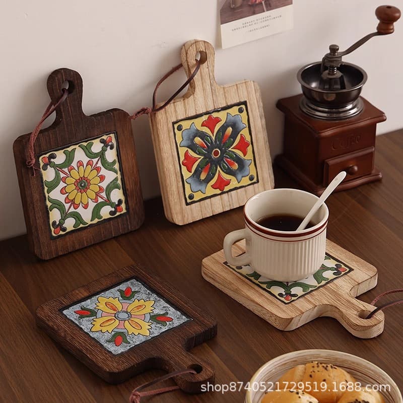 Japanese-style solid wood tile heat-insulating pot mat, retro household placemat, casserole mat, high-temperature resistant kitchen table mat, coaster.