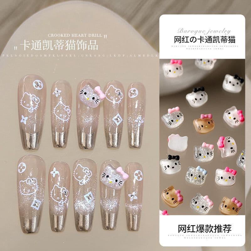 New Nail Art Hello Kitty Ornament Kitty Cat Resin Cute Cartoon Fine Glitter 3D Nail Decoration Trendy Cat