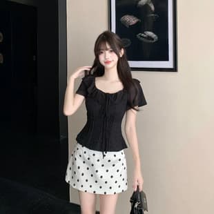 Vintage Ruffle Blouse with Back Tie, Shirred Waist Slimming Top, Plus Size Polka Dot Mini Skirt
