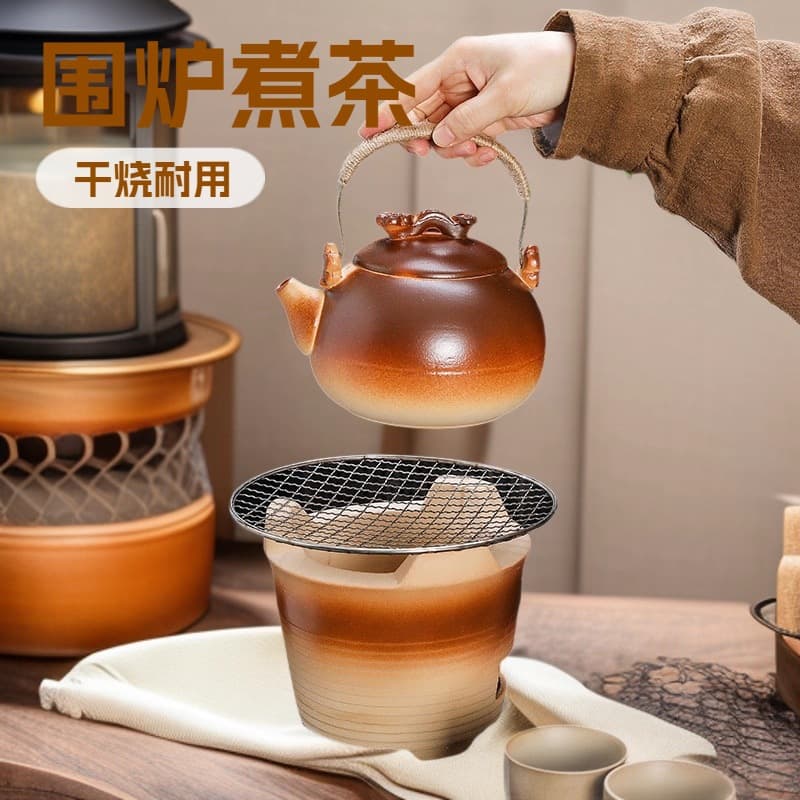Coarse pottery teapot with handle, charcoal stove, teapot and teacup set for dry-firing tea brewing, large capacity single pot for home use.