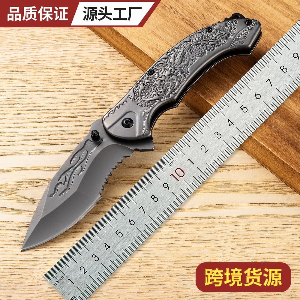 Handmade Steel Handle Embossed Outdoor Knife High Hardness Folding Knife Portable Self-Defense Folding Knife Outdoor Tactical Knife