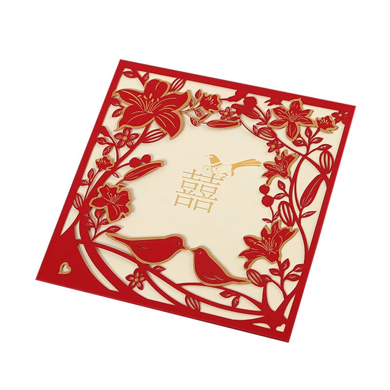 Manufacturer processes and customizes personalized Chinese-style gold-stamped creative wedding invitations, including Chinese red hollowed-out wedding invitations.