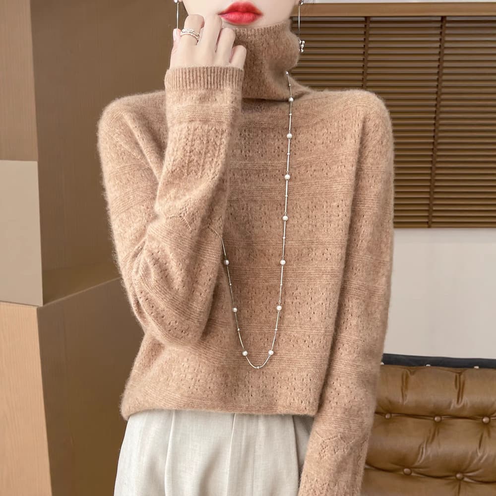 One-Piece Pure Wool Sweater for Women, New Turtleneck Pullover Base Layer, Luxury Autumn/Winter Top, Soft Knitwear