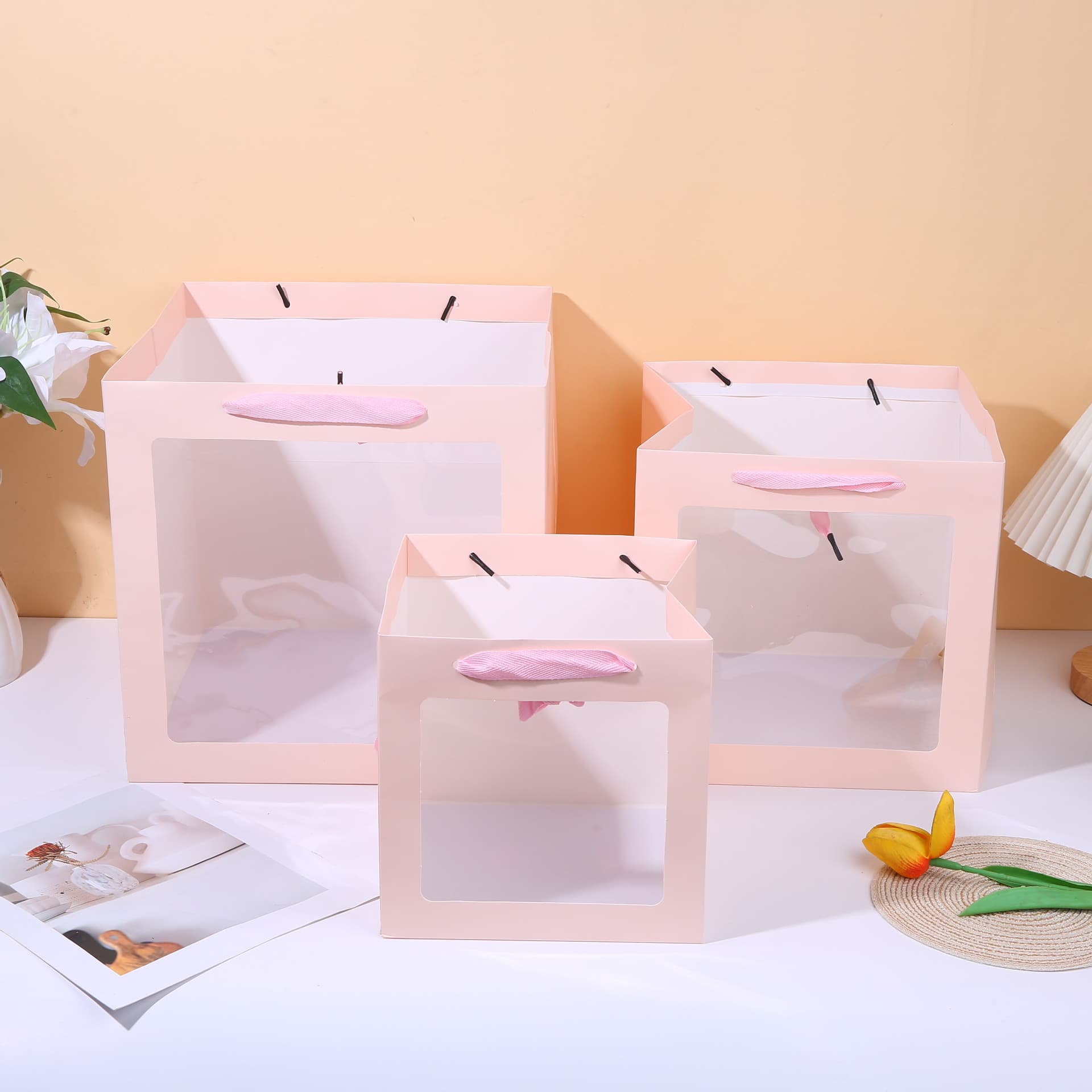 Square high-end transparent window gift bag Teacher's Day window tote bag Chinese Valentine's Day flower cake packaging bag