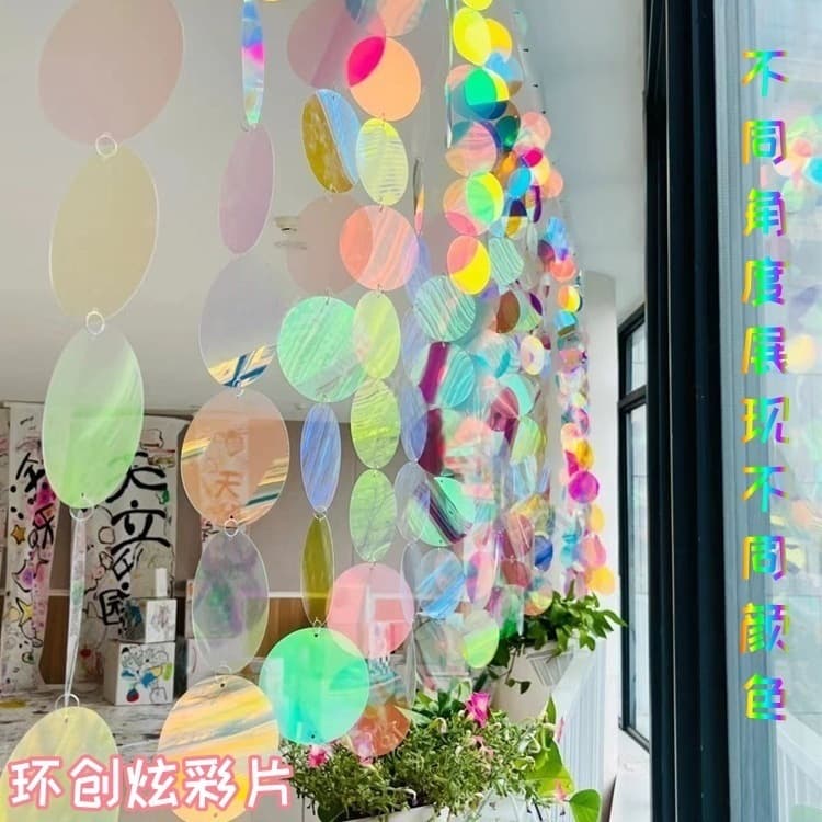 PVC Iridescent Sheet Laser Holographic Round Transparent Colorful Circular Plastic Sheet A4 Kindergarten Environment Creation Hanging Material