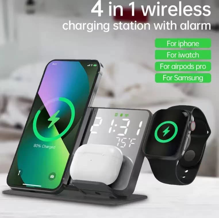 2023 New 4-in-1 Wireless Charging Phone Earphone Telephone Watch Clock 15w Thermometer Digital Computer Accessories