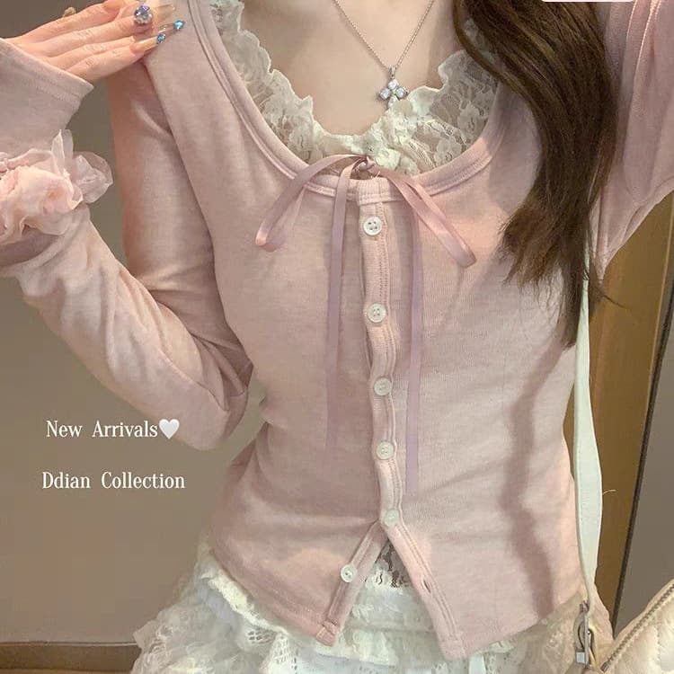 Sweet Miu-Style Lace Spliced Fake Two-Piece Blue Base Layer Top for Women Early Spring Inner Wear T-Shirt U-Neck Short Top