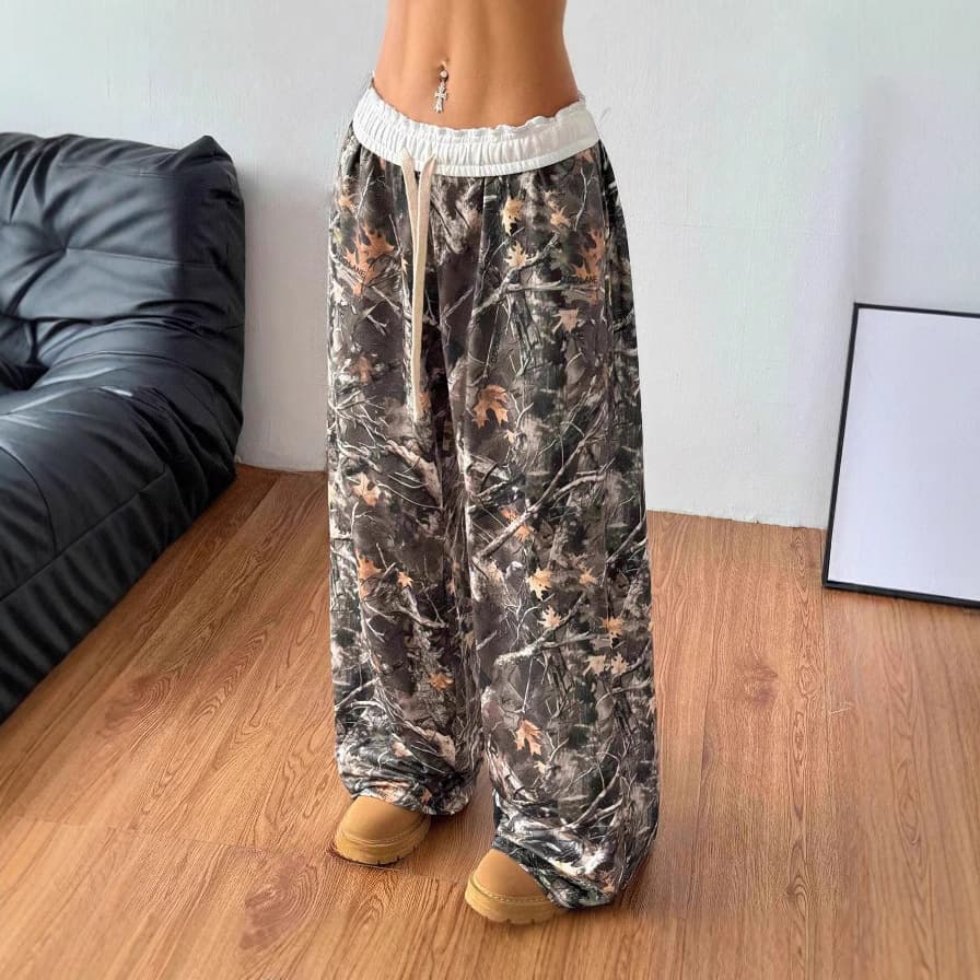 Cross-Border 2024 American Style Teen Women's Fashion Casual Stretch Waist Camouflage Print Slimming Wide Leg Floor-Length Pants