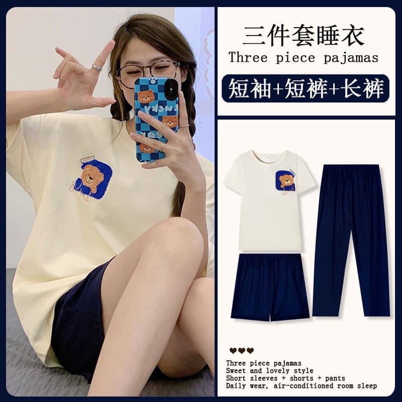 Three-piece set of short-sleeved pajamas for women in summer, cute bear, round neck, thin section, home clothes for women, can be worn outside, suit delivery