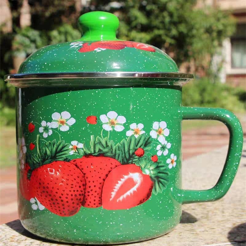 Enamel Cup with Lid, Instant Noodle Mug, Retro Enamel Tea Mug, Vintage Enamel Milk Cup, Heatable Tea Cup, Thickened Large Size
