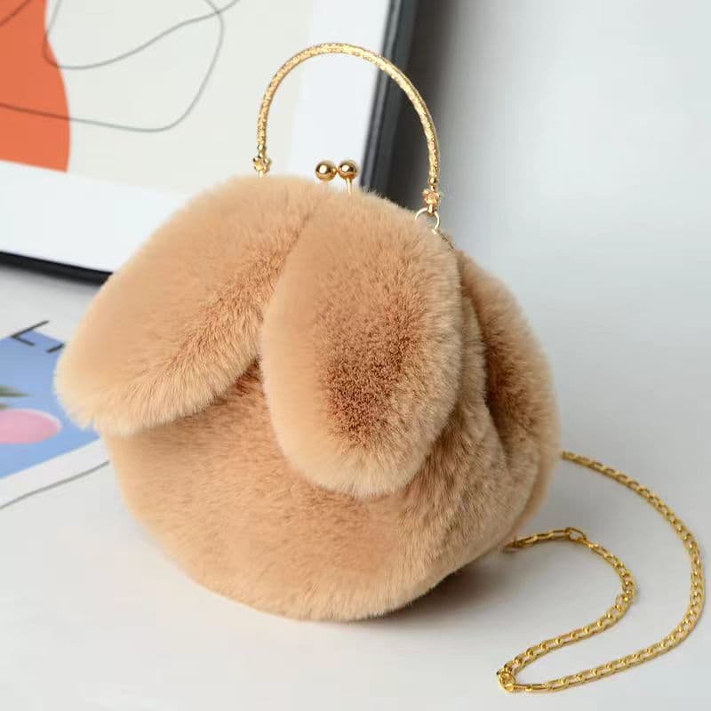 Plush Shoulder Bag for Women, Handheld Crossbody Chain Phone Bag, Small Round Bag with Rabbit Ear Clip, Viral Trendy Style