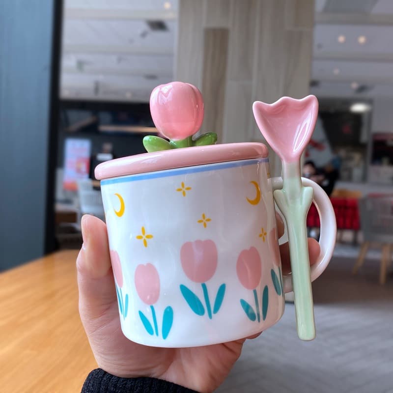 Ins Style Tulip Water Cup, Student-Friendly with Lid and Spoon, Office Mug, Household Ceramic Cup