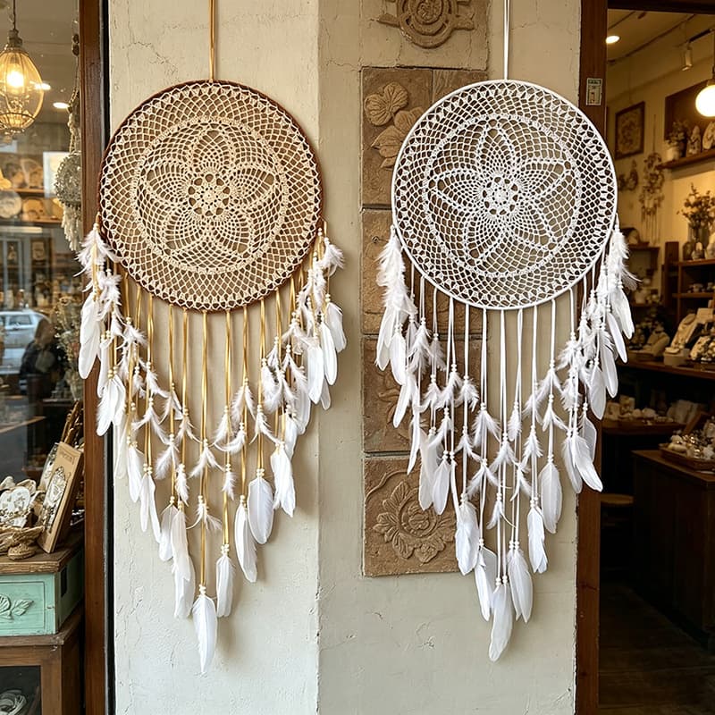 European and American style hollow crochet large dream catcher wall decoration white feather tassel wall hanging bedroom homestay decor