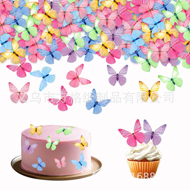 Creative Sticky Rice Paper Rose Crystal Butterfly Birthday Cake Decoration Sticky Rice Paper Butterfly Multicolor Wafer Paper Printing