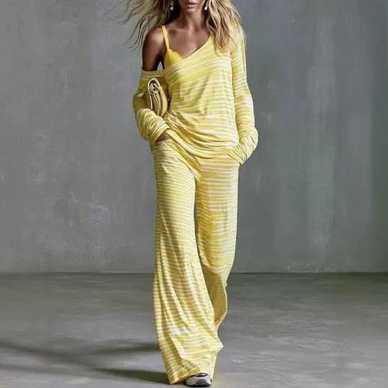 Amazon Independent Store 2026 Fall New Off-Shoulder Retro Striped Fashion Flared Pants European and American Casual Sportswear Set