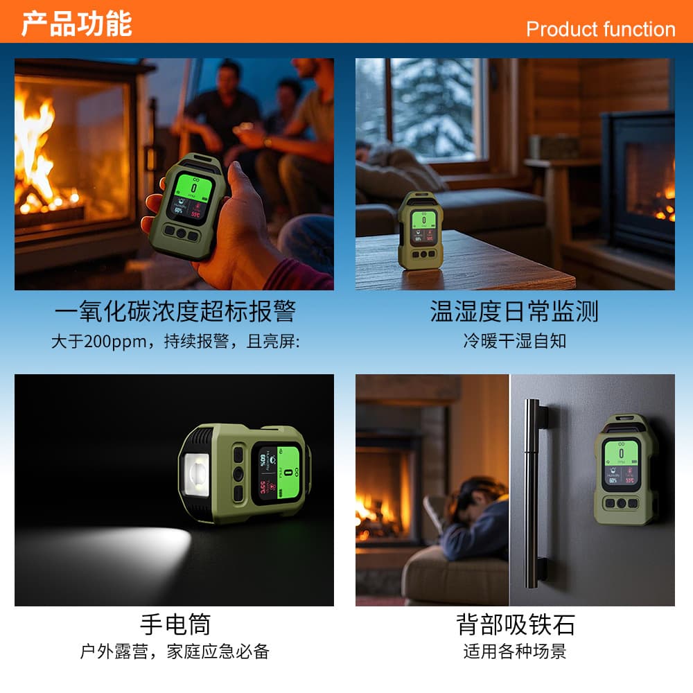 4-in-1 CO Gas Carbon Monoxide Detector Outdoor Carbon Dioxide Air Concentration Alarm with Magnetic Back