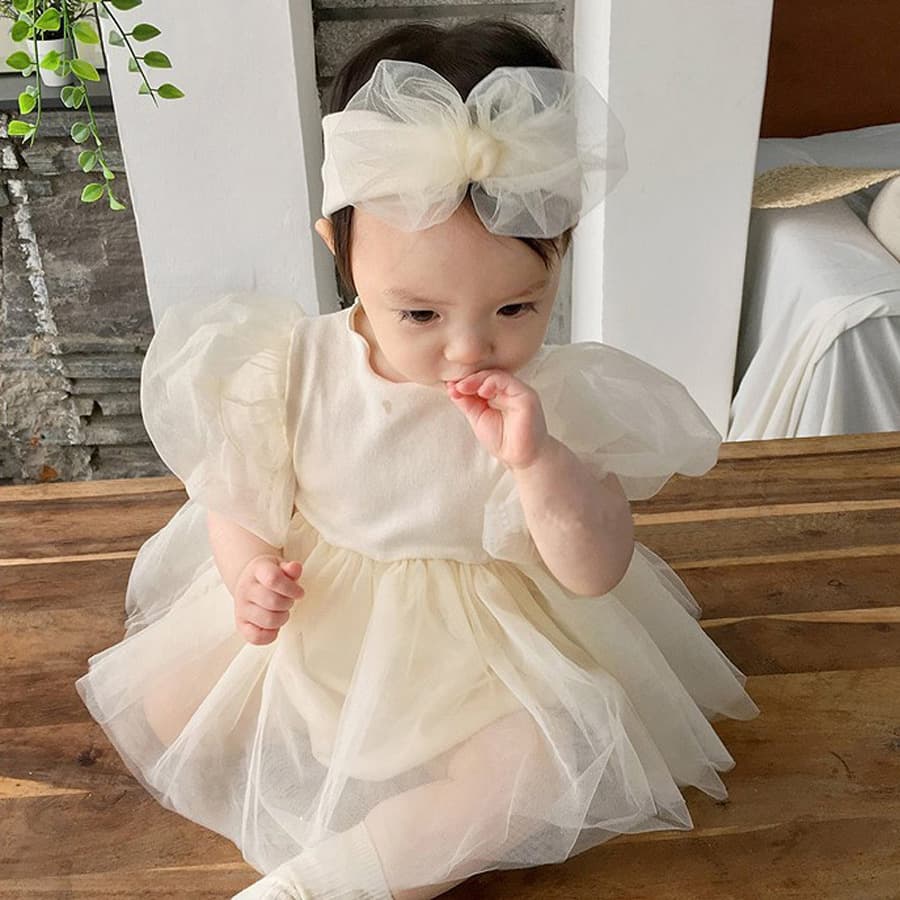 2026 Baby Girl Puff Sleeve Puff Gauze Skirt Sisters Outfit Korean Same Style Centenary Banquet Princess Short Sleeve Romper Suit