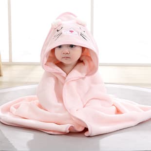 New Spring/Autumn Baby Swaddle Blanket - Cute Cartoon Baby Wrap, Coral Fleece Hooded Bath Towel