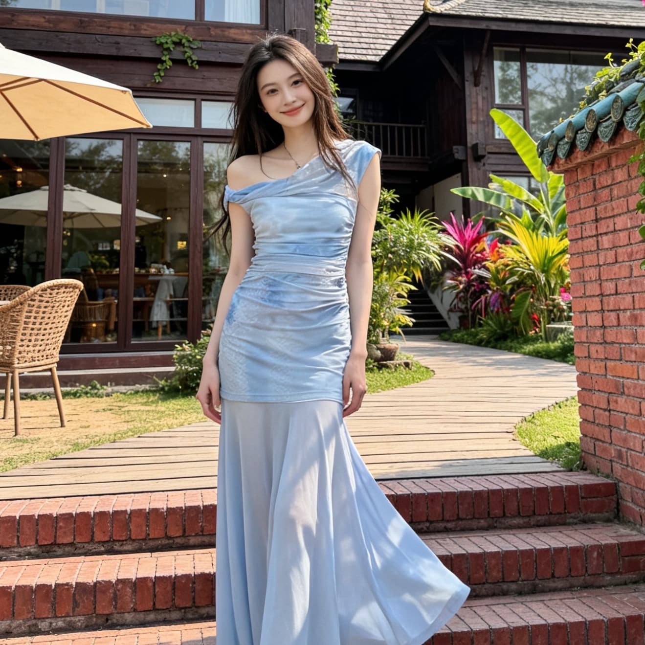 Sexy Socialite Style Mesh Asymmetrical Collar Pleated Dark Pattern Off-Shoulder Dress High-End Women's Summer Waist-Tied Patchwork Maxi Dress