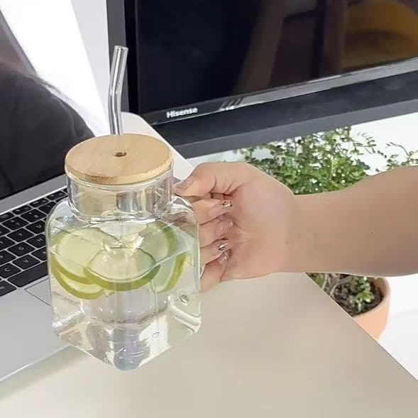 ins glass with handle high temperature resistant summer milk ice drinking juice novel shape glass cup with lid and straw