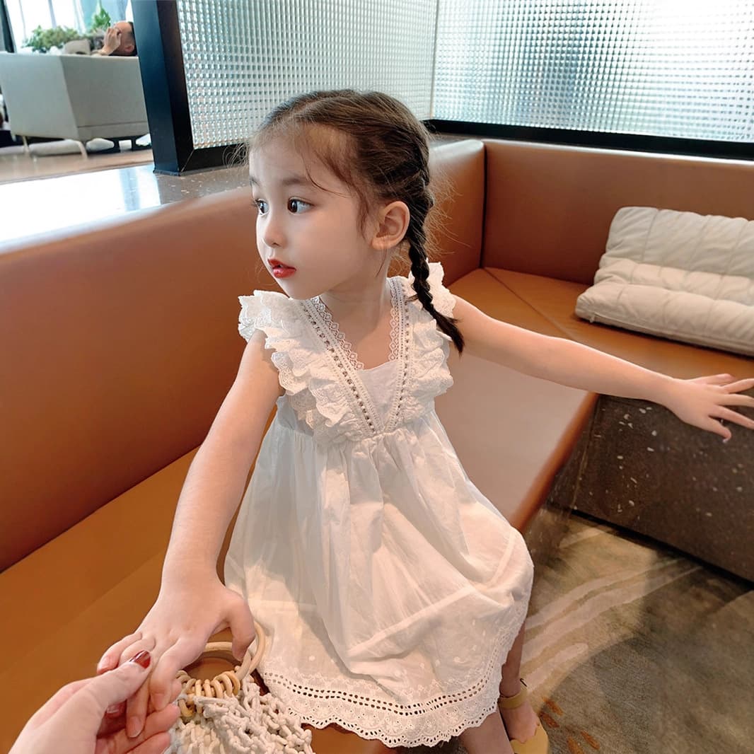 Korean-style Chic Girls Lace Dress 2024 Summer New Thin Vest Dress Baby White Princess Dress