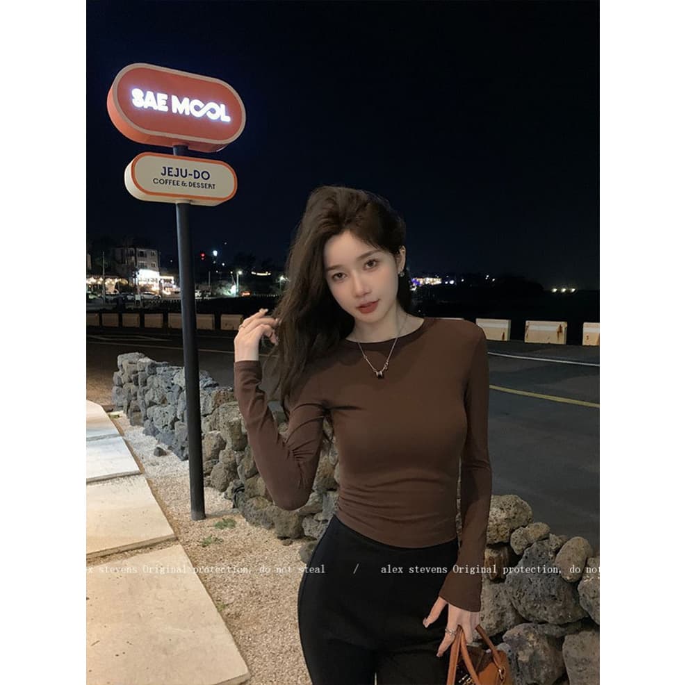 Cross-border European and American New Hot Girl Pinch-Waist Long-Sleeved T-Shirt Women's Slim and Versatile Bottoming Shirt Women's Top Trendy