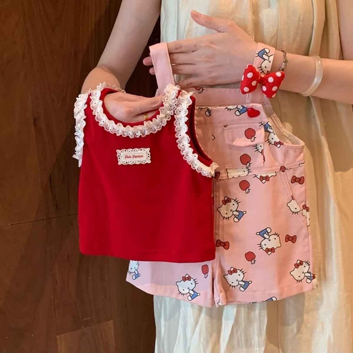 Girls' Super Cute Dopamine Fashion Adjustable KT Cat Overalls Children's Jumpsuit Suit Summer Lace Vest