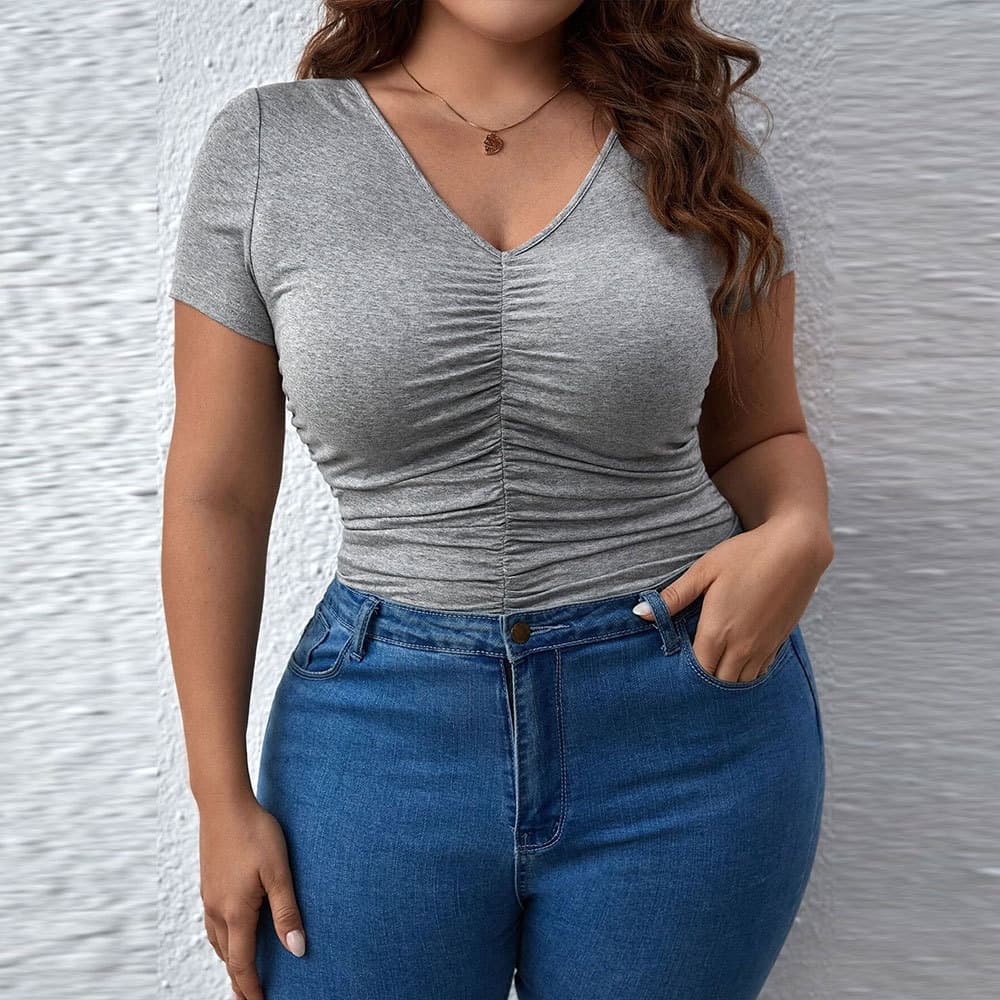 2026 European and American Plus Size Women's Amazon New Slim Fit V-Neck Solid Color Short Sleeve T-Shirt Top