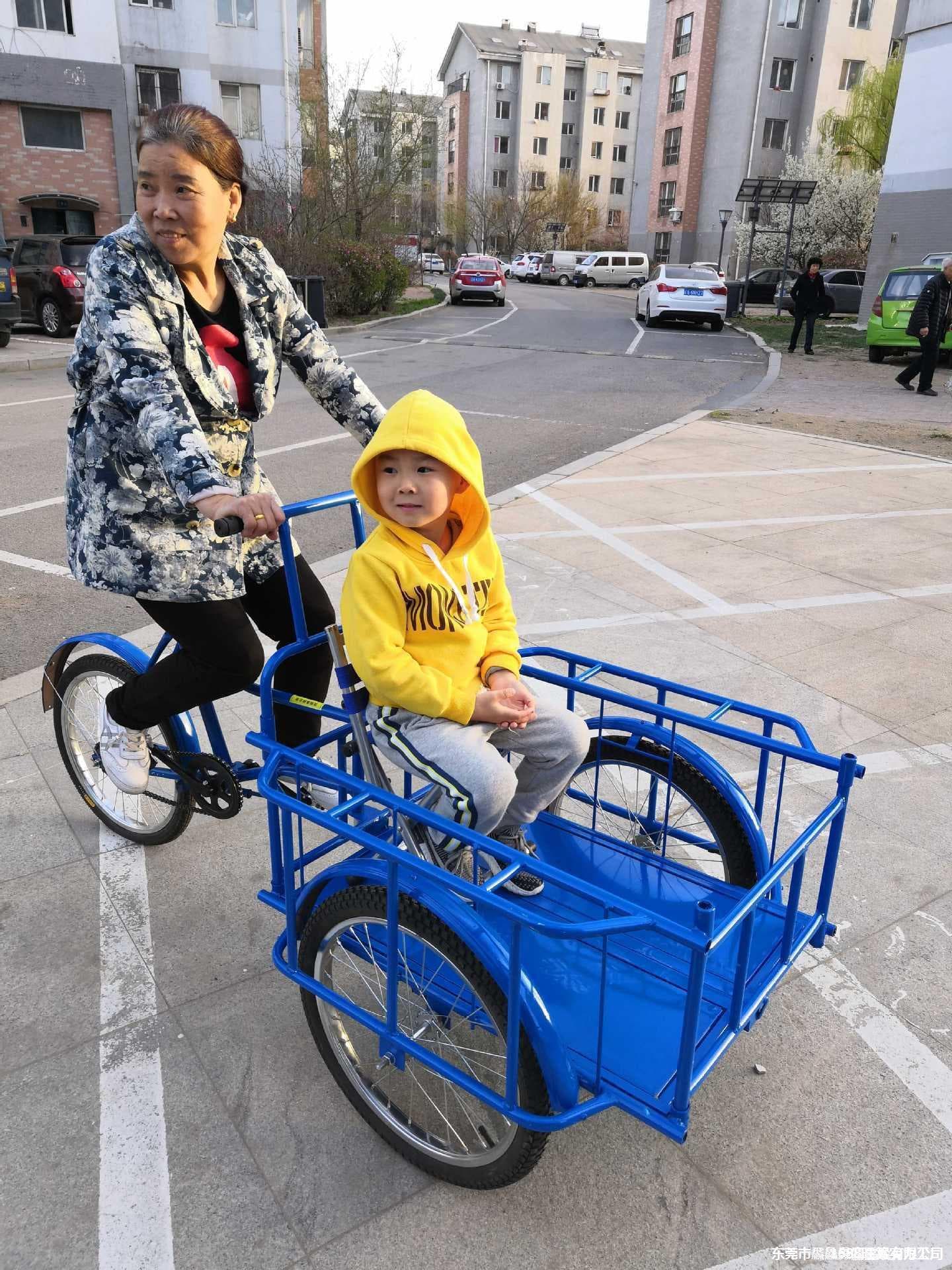 Three-wheeled electric mobility scooter with folding pedals, used for street vending, small reverse-riding donkey for transportation.