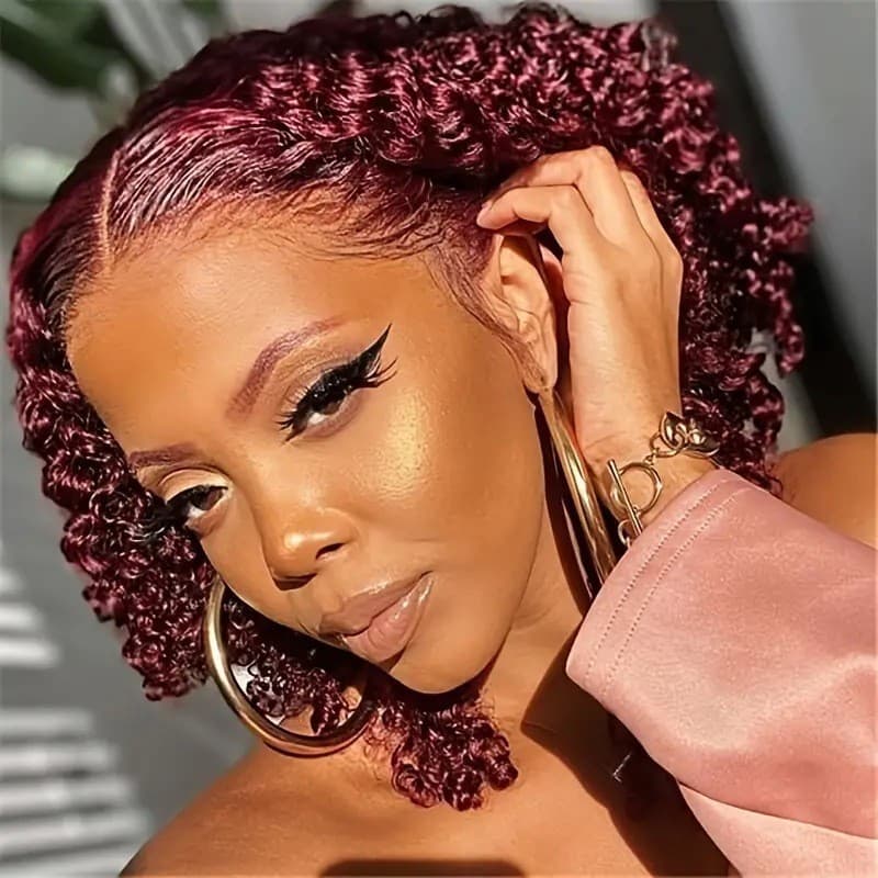 Cross-Border Wig European and American Women's Lace Front Synthetic Fiber Headwear Burgundy Side Parted Short Curly Hair Small Curls Manufacturer