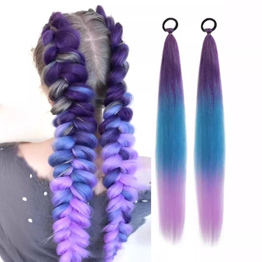 Kids Girls Ponytail Hair Extension with Elastic Band, Boxing Braid, Colorful Stretch Braid Ponytail Wig
