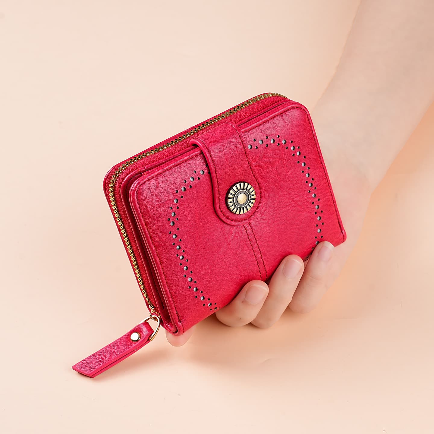 Hollow Fashion Women's Coin Purse New Oil Wax Leather Handbag Long Zipper Mobile Phone Bag Card Holder Coin Bag New Style