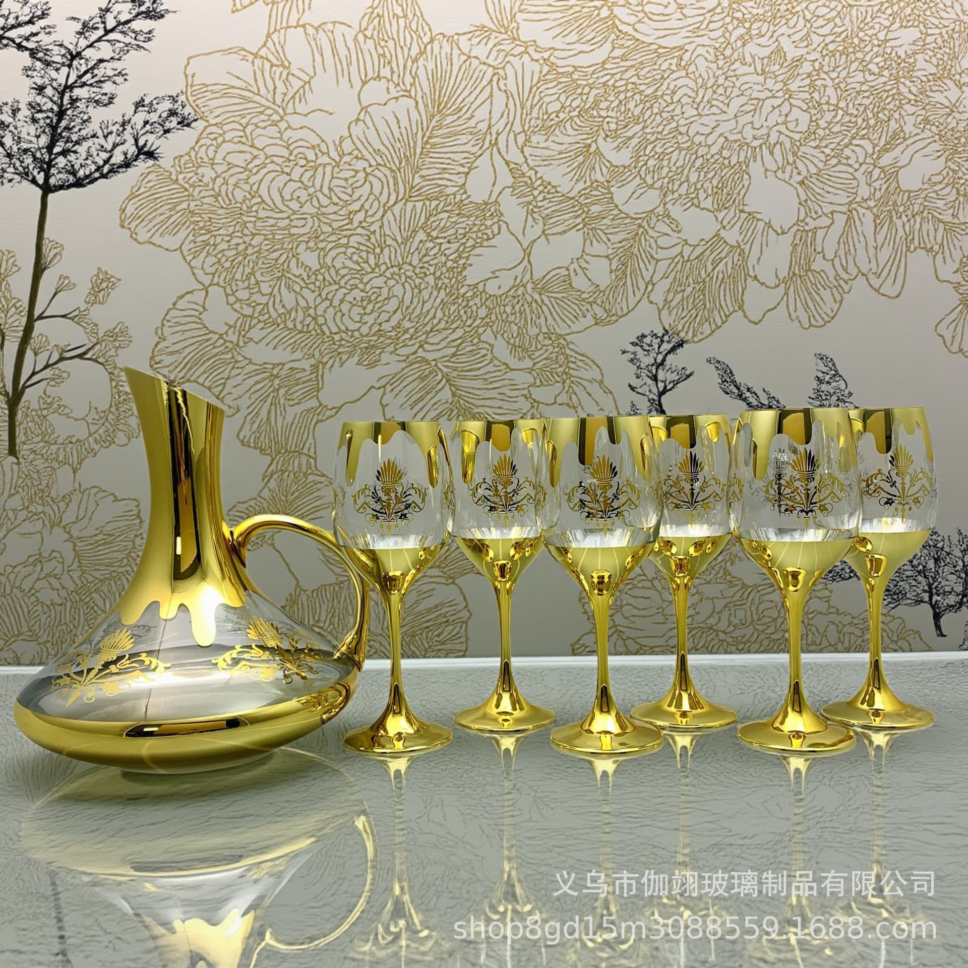 Central and Eastern European Gold Rim Glass Beverage Set with Self-Serve Pitcher, Wine Decanter, Goblets, and Juice Jug