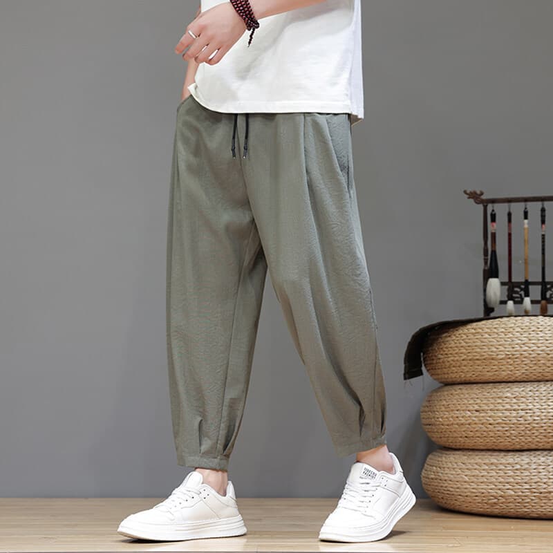 Ice Silk Pants Summer Thin 9-Point Casual Pants Chinese Style Loose Plus Size Men's Solid Color Trendy Jogger Pants