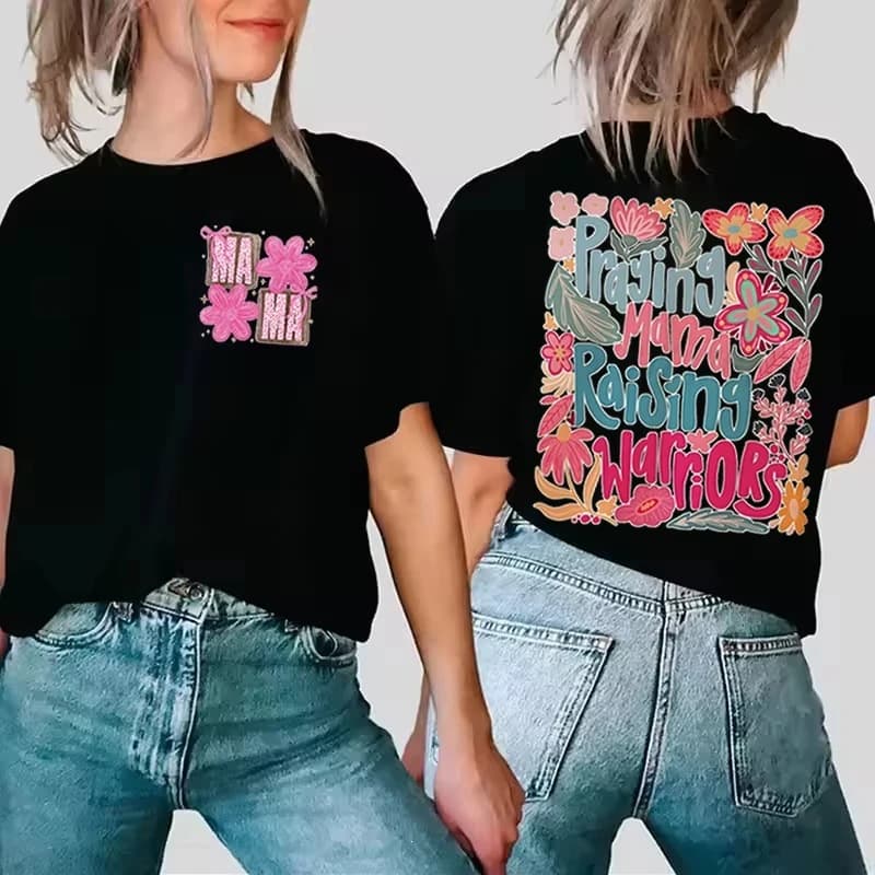 Fashionable Women's Clothing, Mom's Bohemian Floral Pattern T-Shirt, Prayer and Warrior Graphic T-Shirt, Vintage