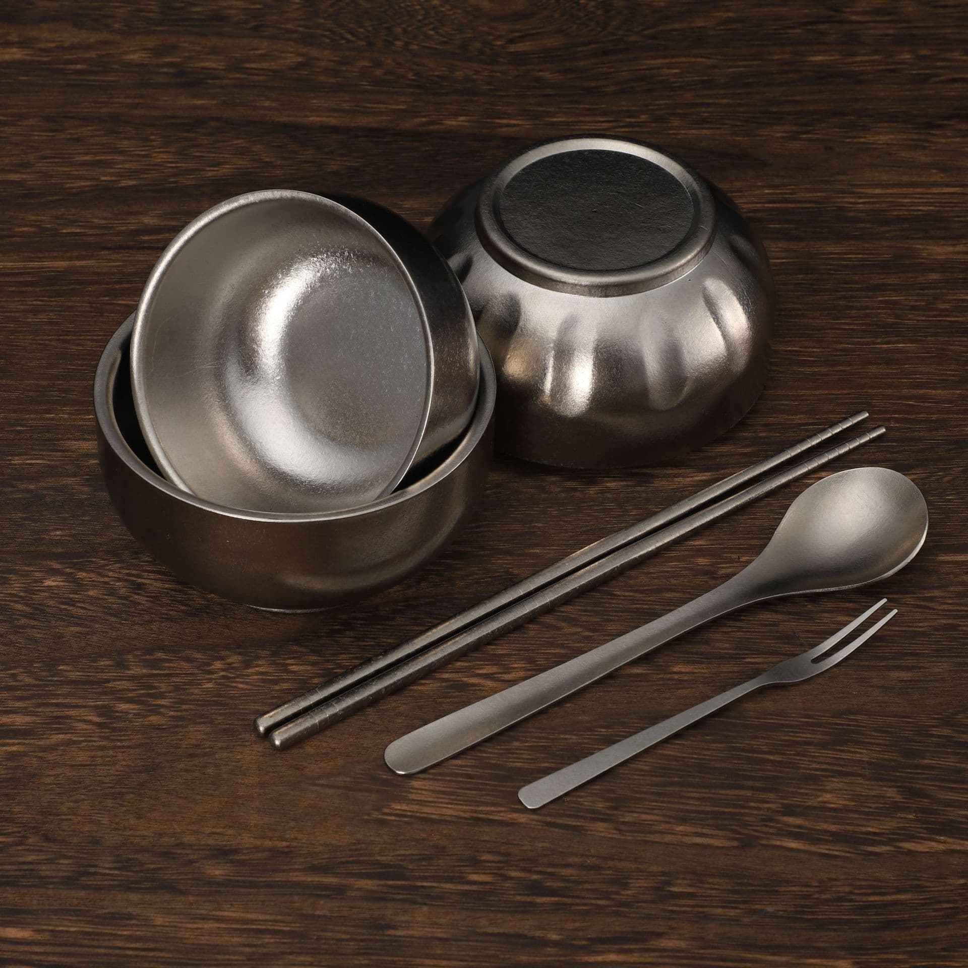 Large Thickened Heat-Insulated Pure Titanium Bowl for Home Use Outdoor Tableware Titanium Alloy Rice and Food Bowl Pure Titanium Bowl Fork Spoon Chopsticks Set