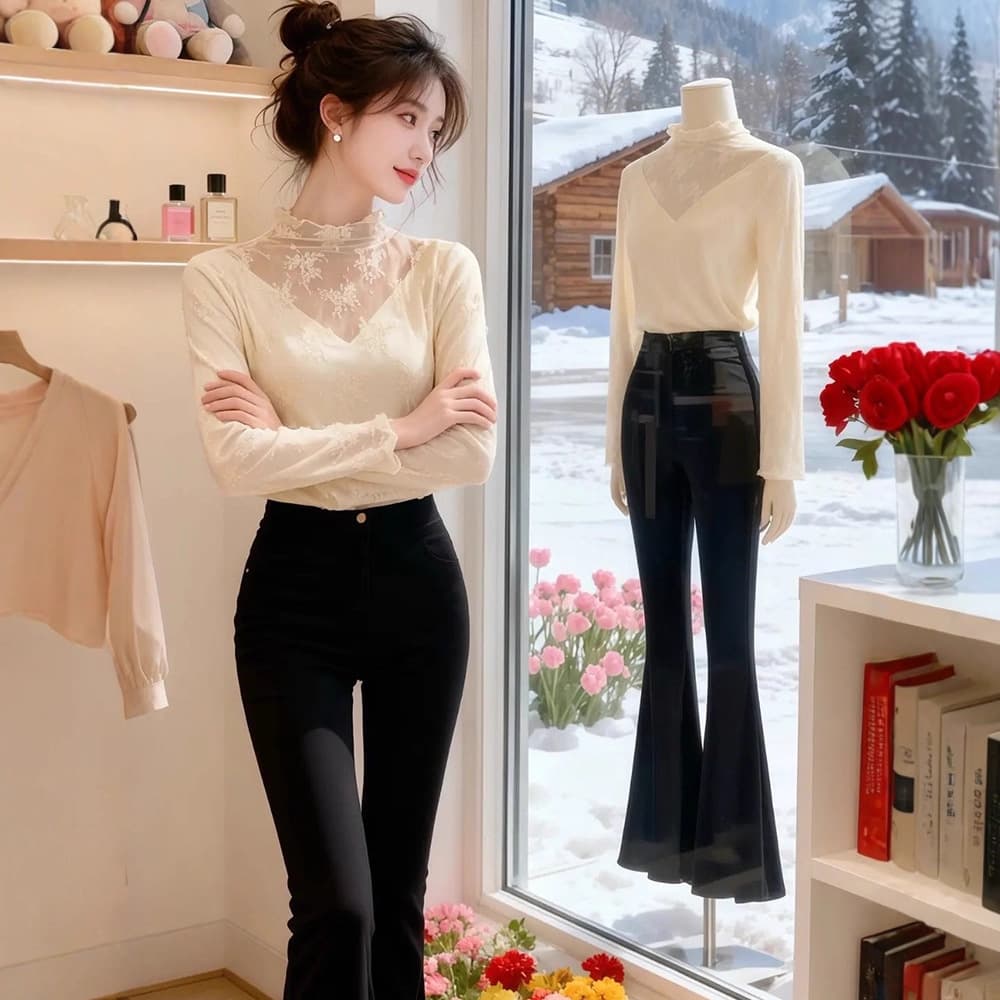 Trendy New Thermal Fleece-Lined Half Turtleneck Lace Patchwork Slim Fit Base Tee Stylish Mesh Top Long Sleeve