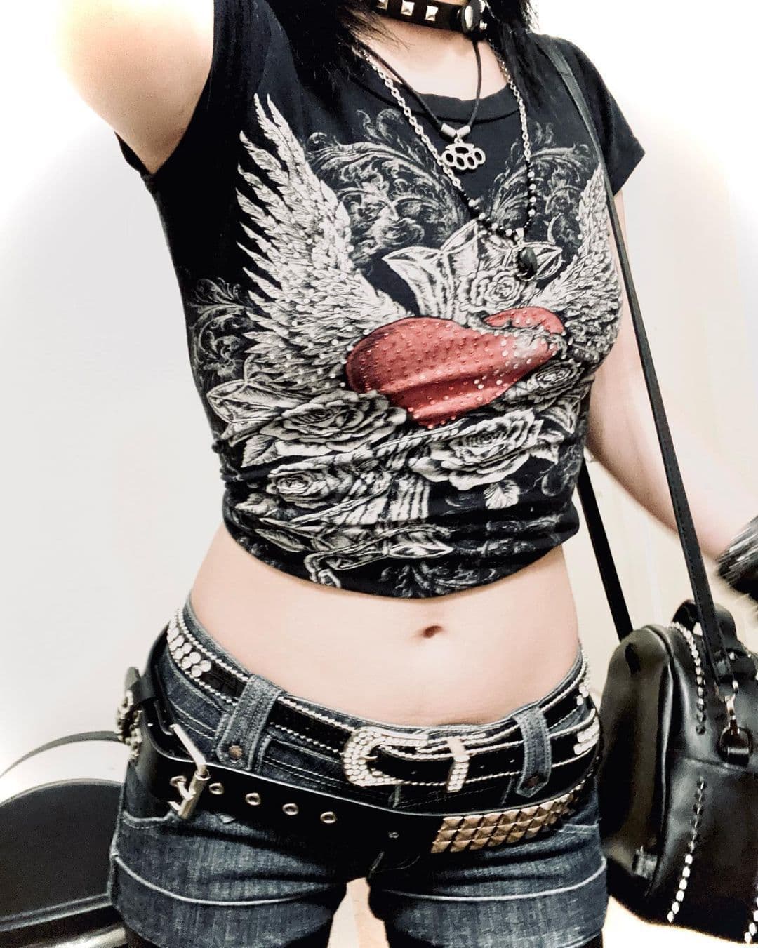 Fashionable Short Sleeve T-Shirt Heart Print Wings Rhinestone Top European Style Women's Clothing Vintage Round Neck Polyester Fiber