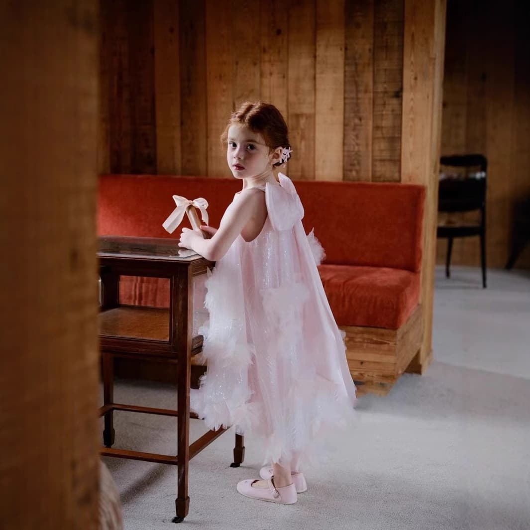 French Children Princess Dress Gown Korean Bowknot Sleeveless Tulle Puffy Dress Birthday Party Wedding Flower Girl Dress