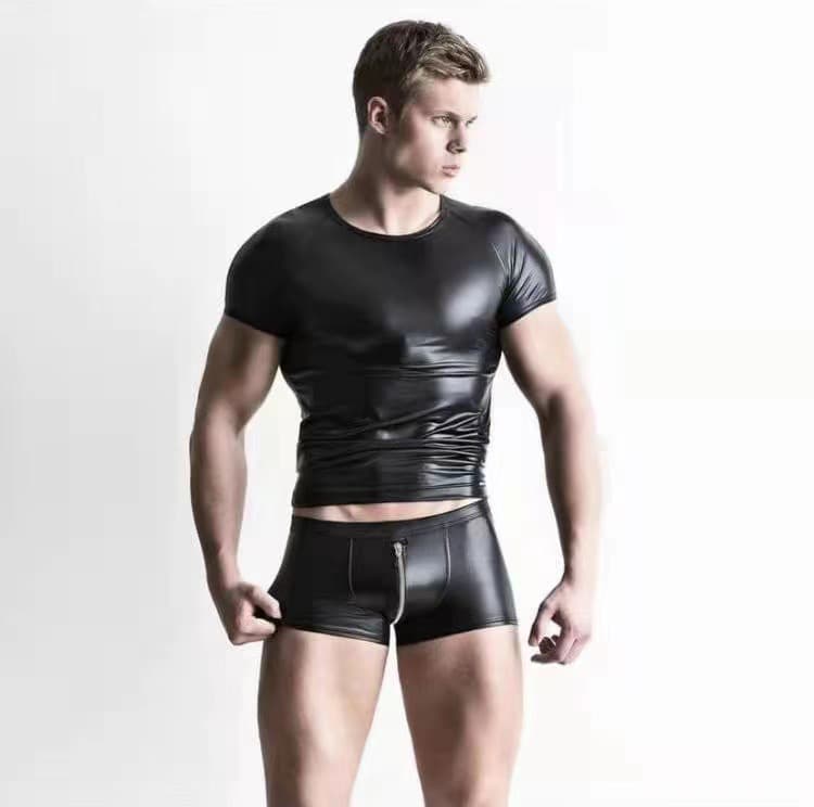 Sexy Lingerie Nightclub Stage DS Performance Outfit Matte Leather T-Shirt Bodysuit Open Crotch Leather Shorts N805/N806