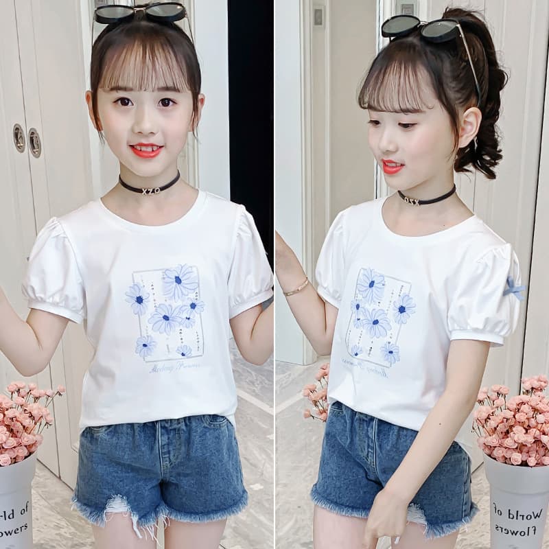 Girls Short Sleeve T-Shirt Summer 2026 New Children's Fashion Bubble Sleeve Top for Middle and Older Kids Cotton Printed Tee