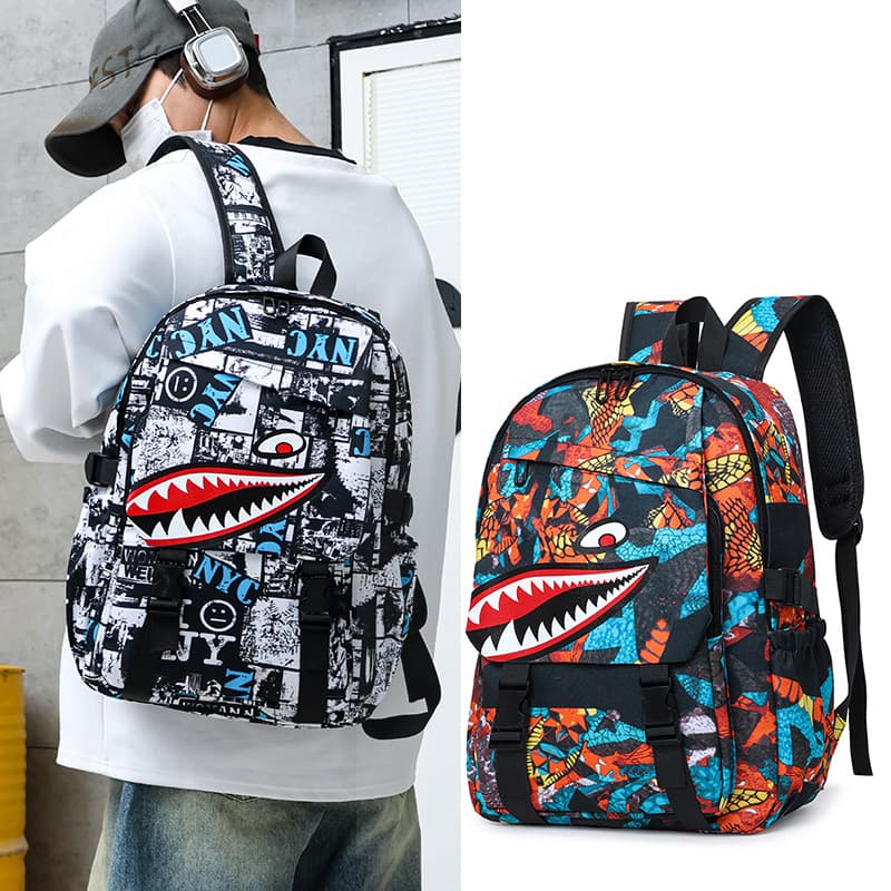 Cross-border Shark Backpack for Men, Fashionable Trendy Youth High School Campus Backpack, Large Capacity, Personalized Waterproof Laptop Backpack